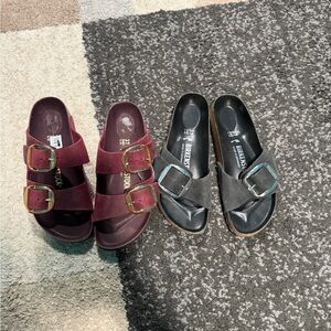 Birkenstock Women's Two-strap Slides in Burgundy and Black